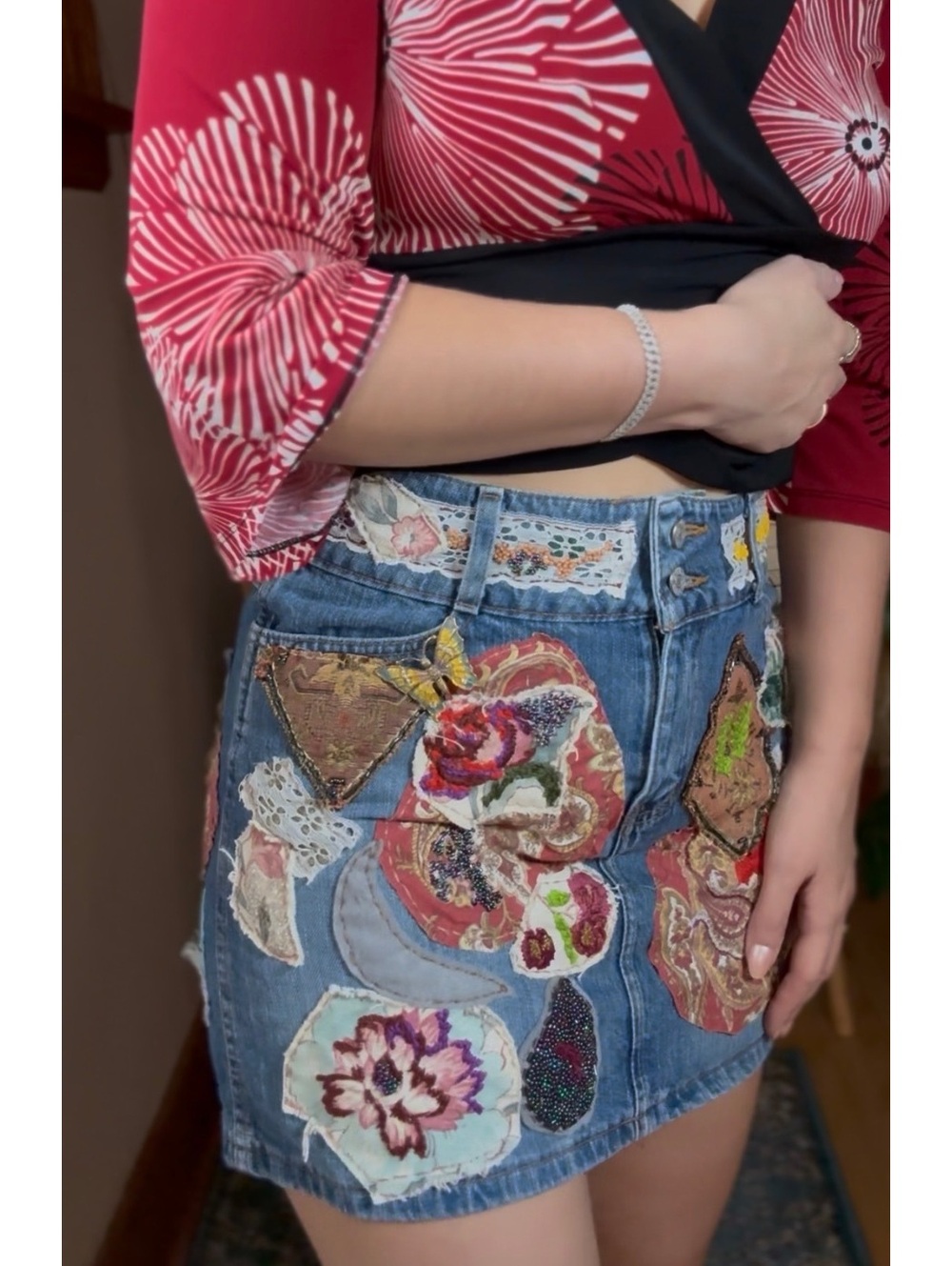 Denim Mini Skirt with Floral Patchwork and embroidery size M-L